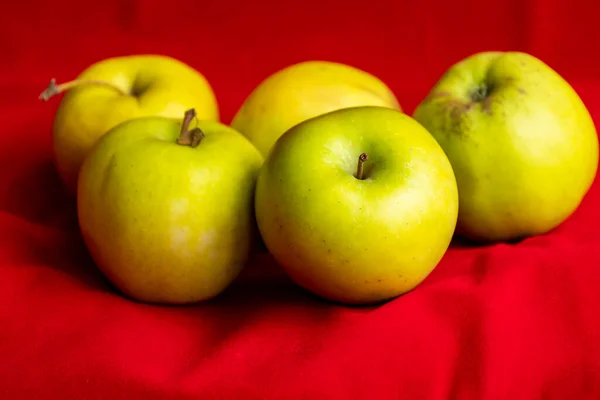 Green Apples Close Red Background — Stock Photo, Image