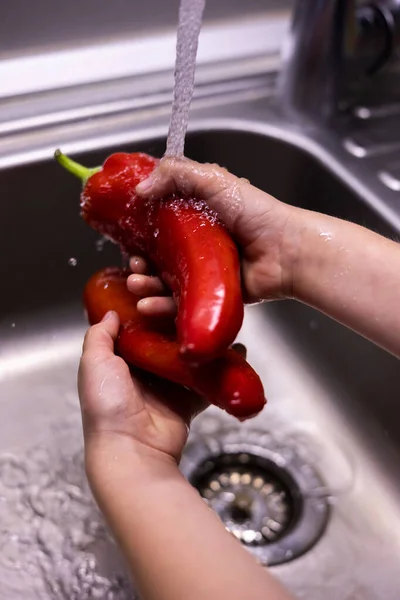 Niño Lavando Pimientos Rojos Fregadero Cocina —  Fotos de Stock