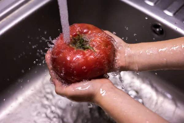 Niño Manos Lavando Tomates Fregadero Cocina —  Fotos de Stock