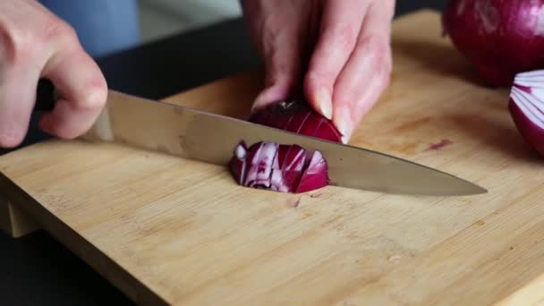 Woman Cutting Red Onion Home — Stockvideo
