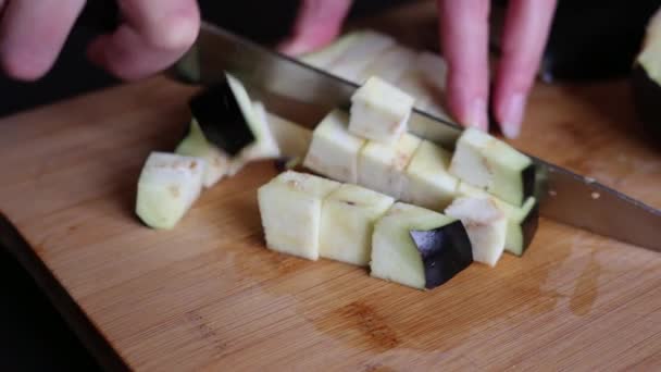 Cutting Eggplant Home Wooden Table — Stockvideo