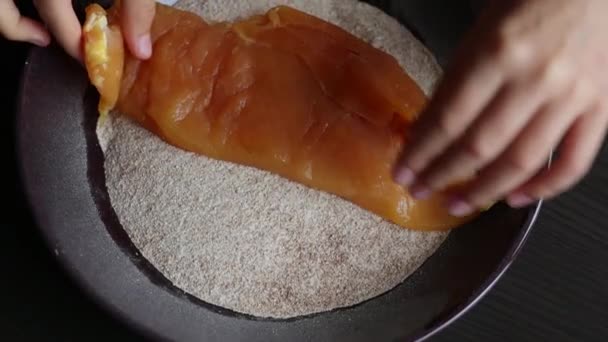 Preparing Breaded Chicken Breast Home — Stockvideo