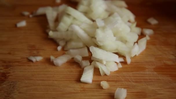 Man Hands Cutting White Onion Close Wooden Board — 图库视频影像