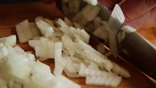 Man Hands Cutting White Onion Close Wooden Board — Stock video