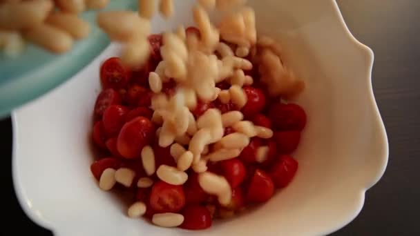 Cooking Preparing Mediterranean Salad Beans Corn Cherry Tomatoes — Wideo stockowe