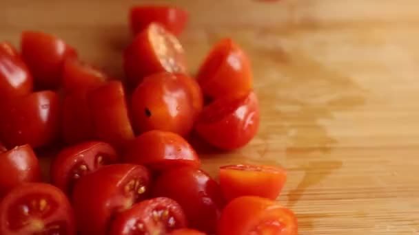Cutting Cherry Tomatoes Home Wooden Board — 图库视频影像