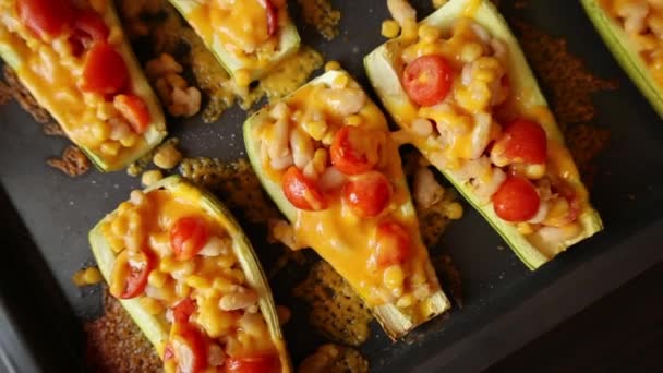 Mediterranean Food Zucchini Stuff Beans Corn Cherry Tomatoes Toped Grated — Wideo stockowe