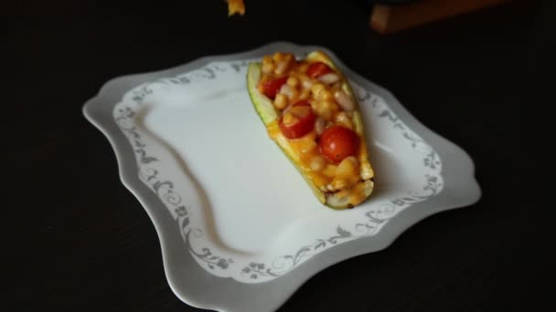 Mediterranean Food Zucchini Stuff Beans Corn Cherry Tomatoes Toped Grated — Video Stock