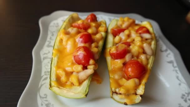 Mediterranean Food Zucchini Stuff Beans Corn Cherry Tomatoes Toped Grated — Videoclip de stoc