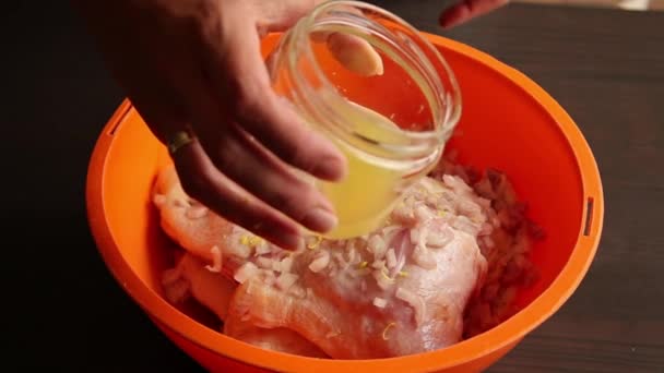 Woman Marinated Raw Chicken Bowl — Vídeo de Stock