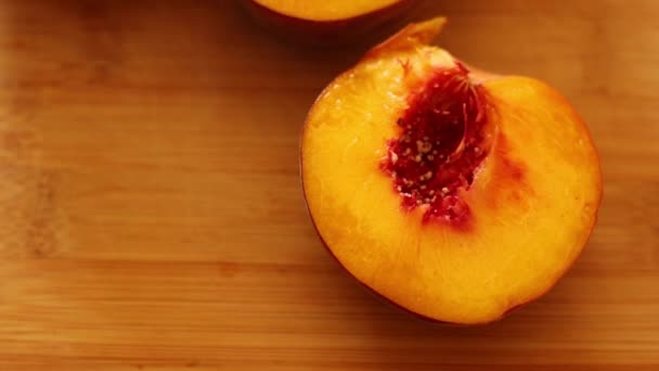 Ripe Peaches Wooden Board Close — Stok Video