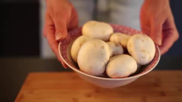 Woman Hands Showing Big Edible Mushroom Close — Stock Video