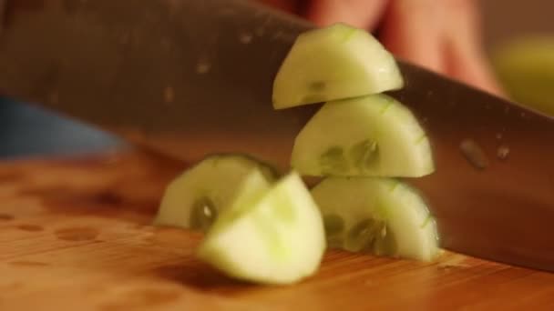 Man Hands Cutting Cucumbers Close Wooden Board — Stock Video