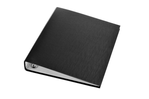 A black ring binder on a white background