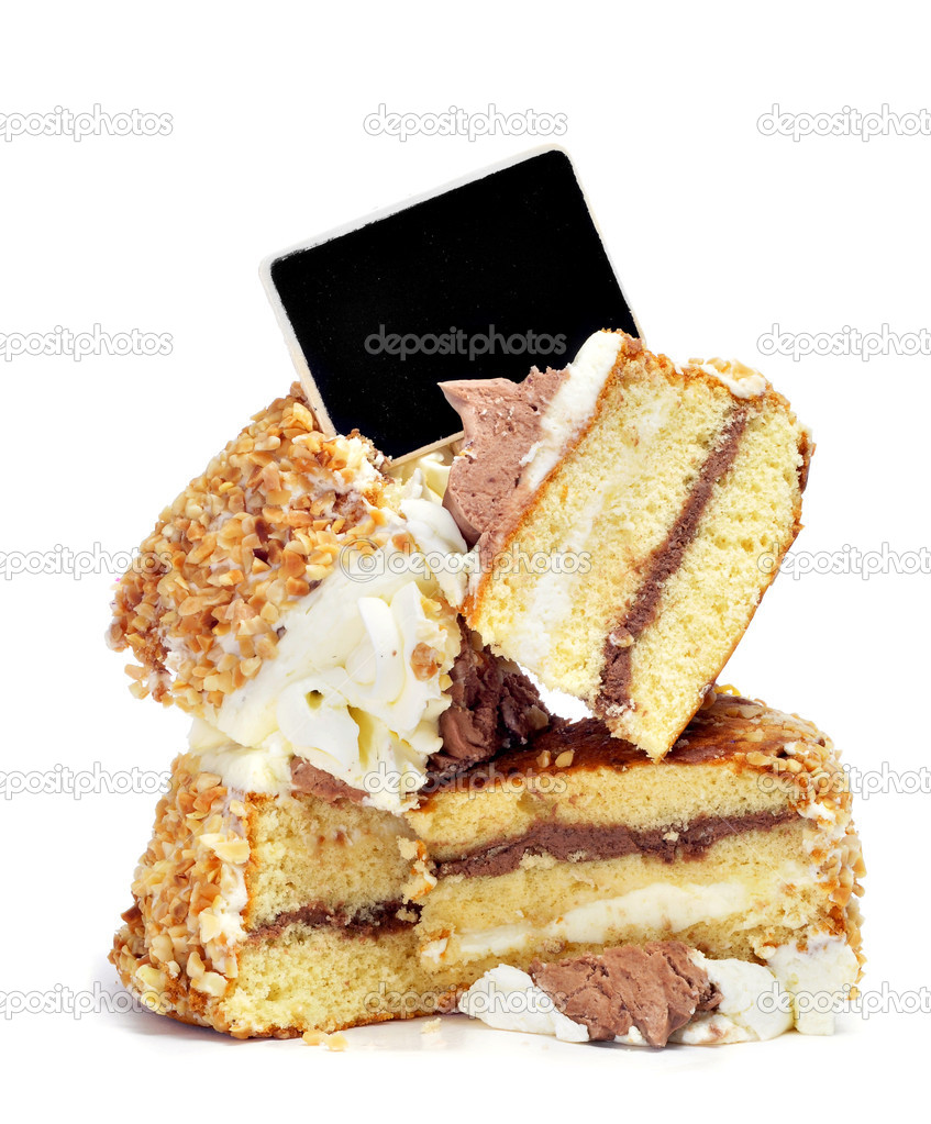 Pieces of cake and blank blackboard label