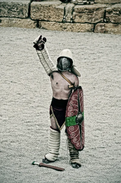 Gladiator on the arena of Roman Amphitheater of Tarragona, Spain — Stock Photo, Image