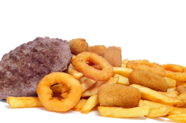 Comida española de engorde: hamburguesas, croquetas, calamares y frenc — Foto de Stock