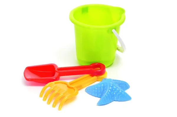 Sand toy set,pail, shovel, rake and star shaped mold — Stock Photo, Image