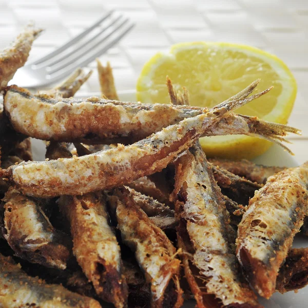 Spanish boquerones fritos, fried anchovies typical in Spain — Stock Photo, Image