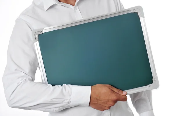 Man holding a blank chalkboard — Stock Photo, Image