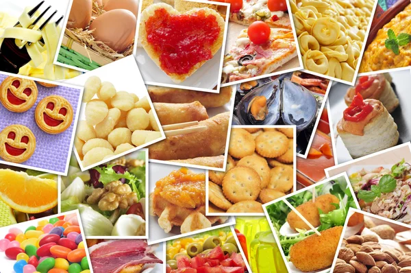 Bilder von verschiedenen Lebensmitteln, von mir selbst aufgenommen, simulieren eine Wand aus — Stockfoto