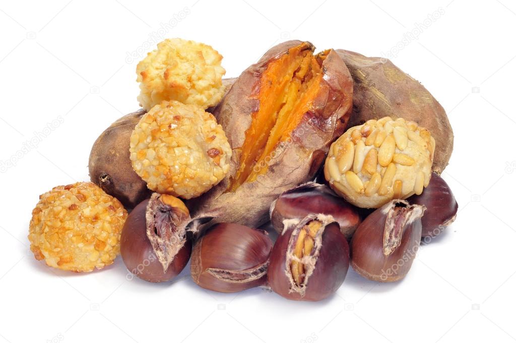 panellets and roasted chestnuts and sweet potatoes, typical snac