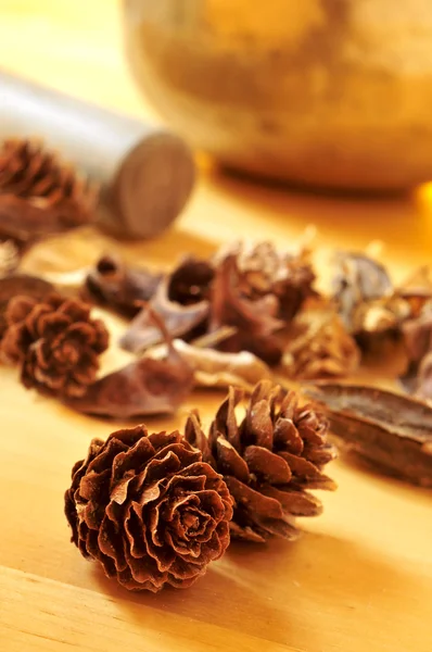 Cones de pinheiro e flores secas, e uma tigela de canto tibetano — Fotografia de Stock