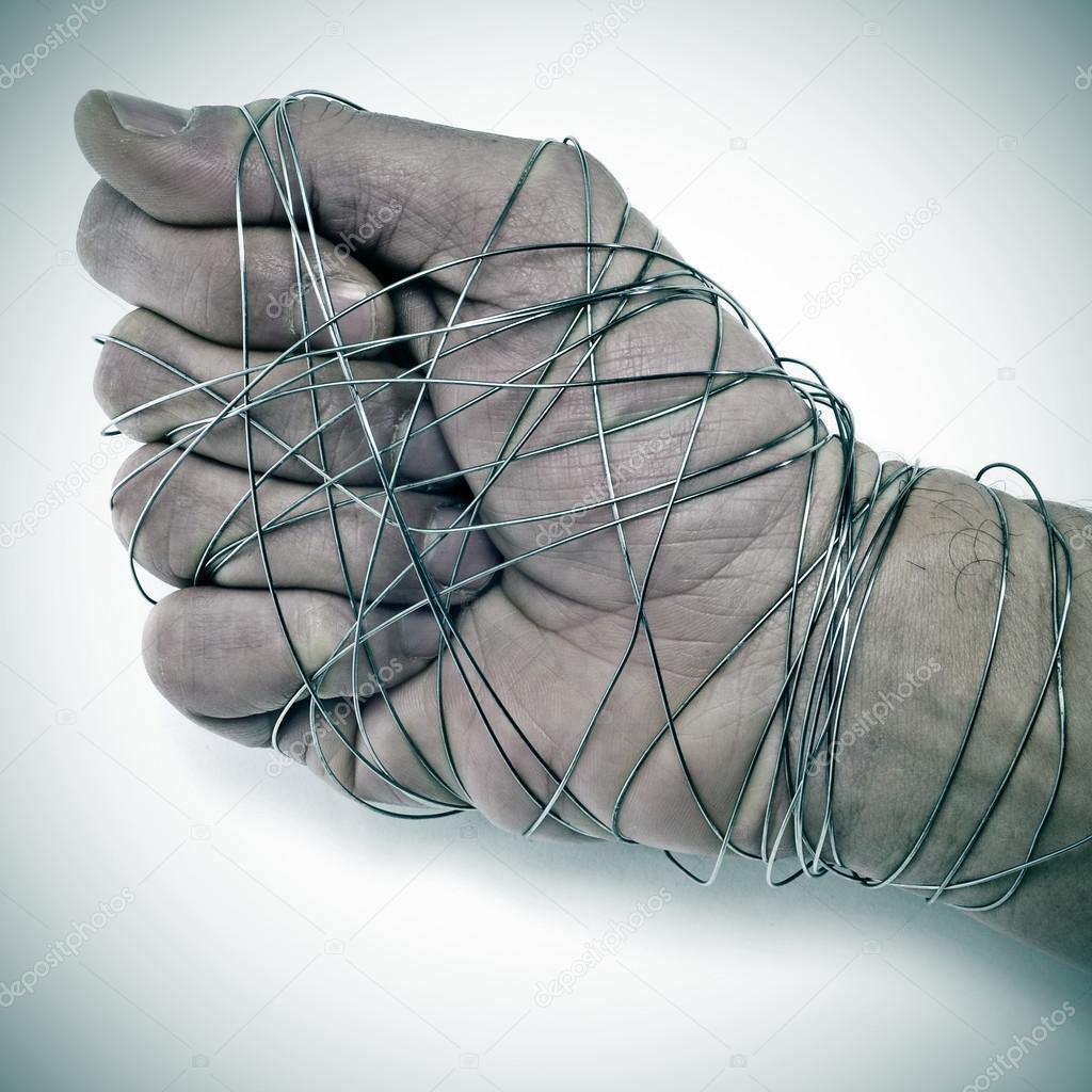 man hand tied with wire