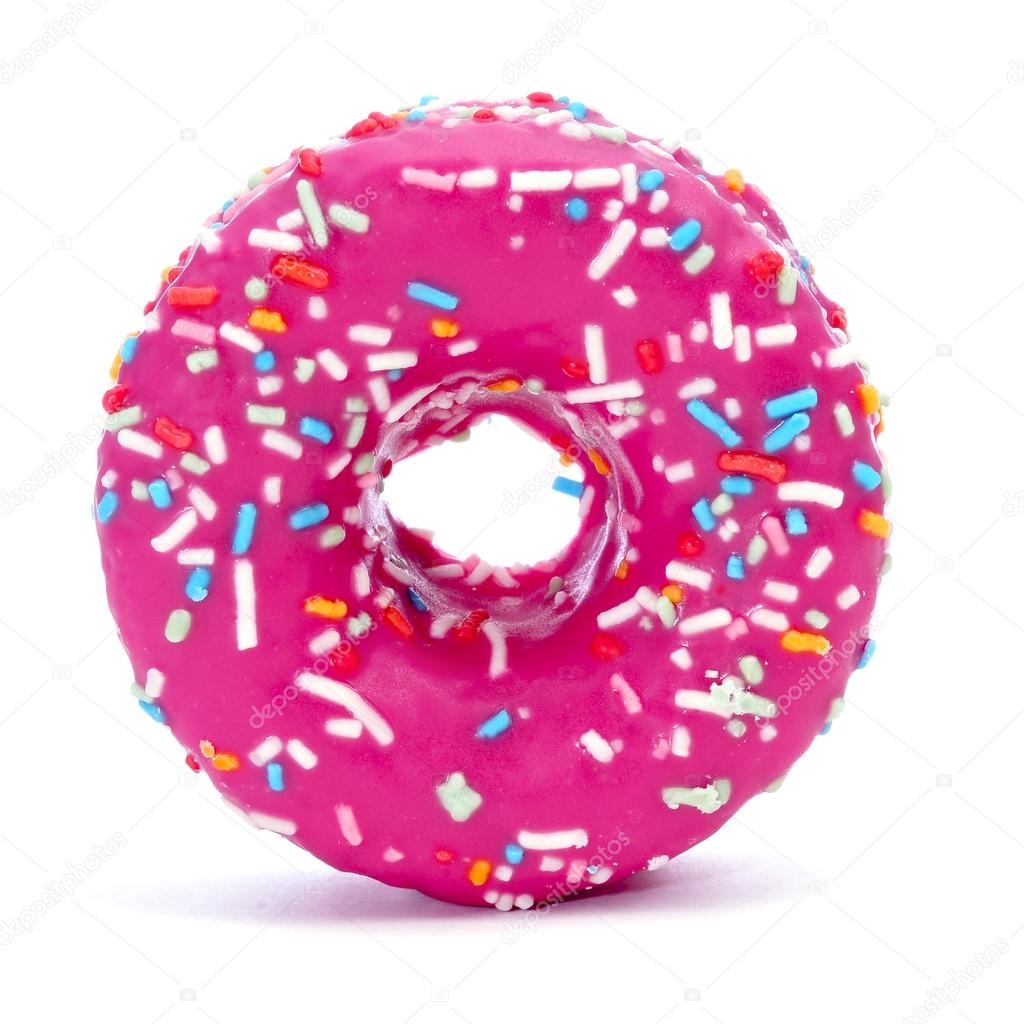 donut coated with a pink frosting and sprinkles of different col