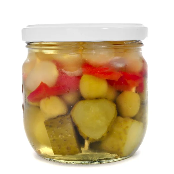 A jar with spanish banderillas, skewers with pickles — Stock Photo, Image