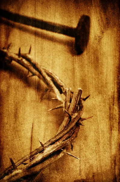 The Jesus Christ crown of thorns on the holy cross, with a retro — Stock Photo, Image