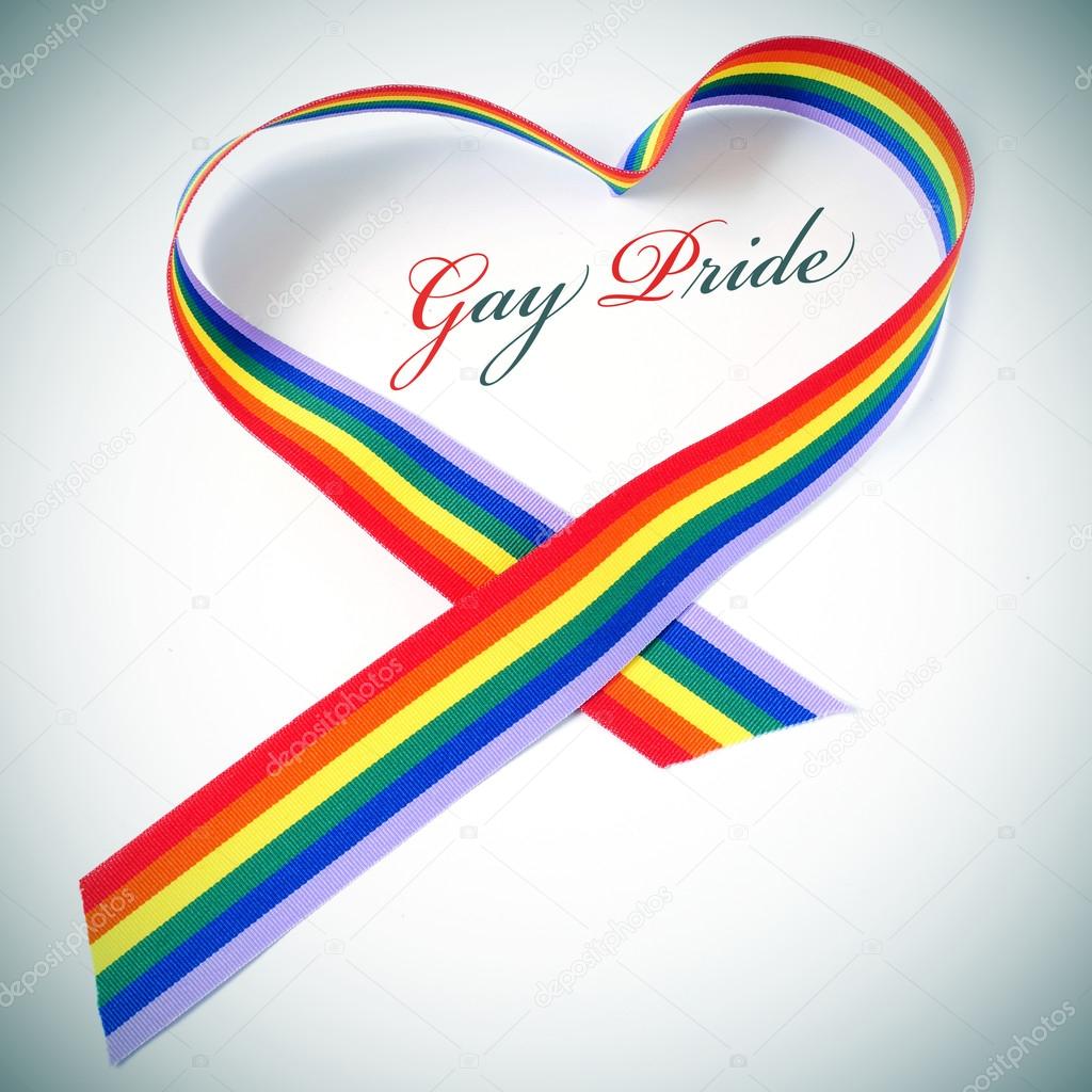 heart-shaped rainbow ribbon and text gay pride
