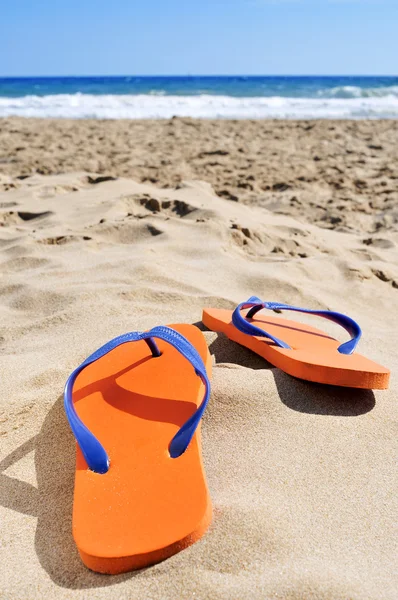Chinelos na areia de uma praia — Fotografia de Stock
