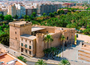 an aerial view of the Altamira Castle and the famous Palmeral de Elche, also known as Palm Grove of Elche, a public park with many palm trees in Elche, in the Valencian Community, Spain clipart