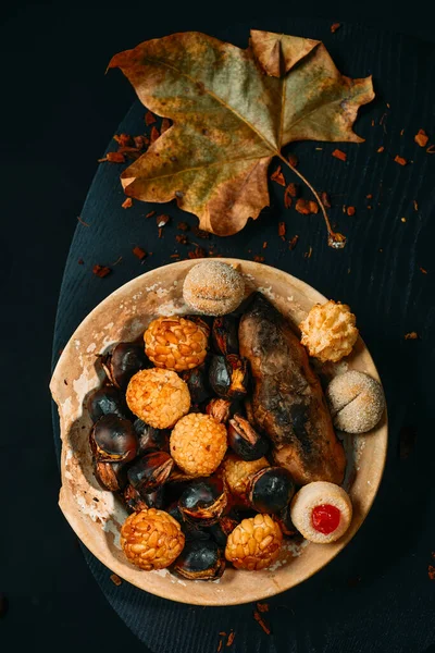 Vista Alto Angolo Piatto Con Cibo Mangiato Nel Giorno Ognissanti — Foto Stock