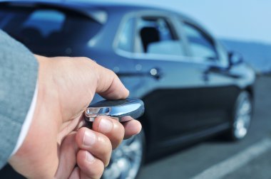 man in suit opening his car with the control remote key clipart