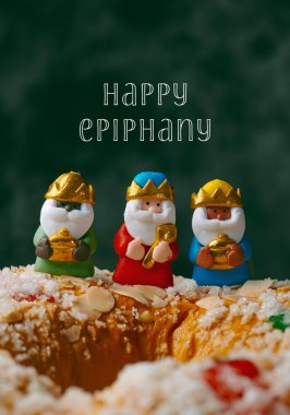 Metin mutlu tezahür ve üç bilge adam, melchior, caspar ve balthazar, bir roscon de reyes üzerinde, İspanyol üç kralın pasta geleneksel Epifani gününde yenen