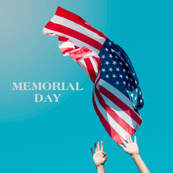 Text Memorial Day Young Caucasian Man Launching Flag United States — Stock Photo, Image