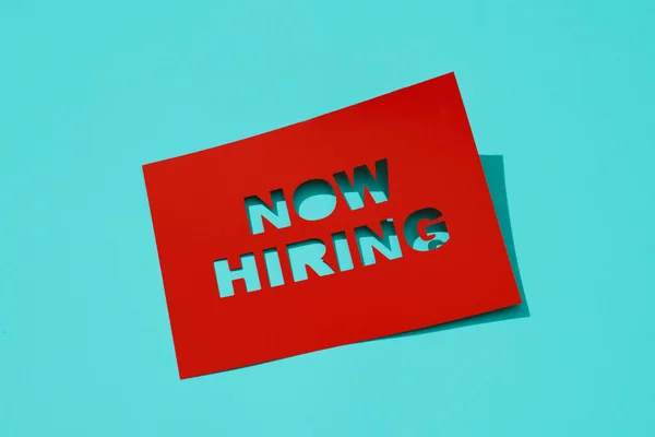 Text Now Hiring Cut Out Red Paper Blue Background — ストック写真