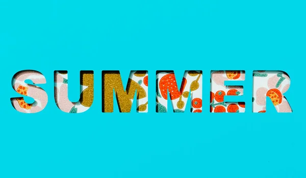 Word Summer Cut Out Blue Paper Floral Background Seen Cutout — стоковое фото