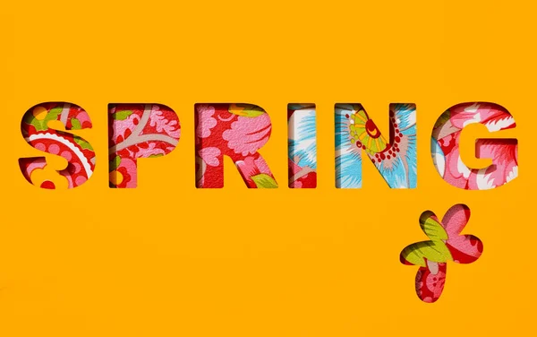 Primavera Texto Uma Flor Recortada Papel Laranja Fundo Floral Visto — Fotografia de Stock