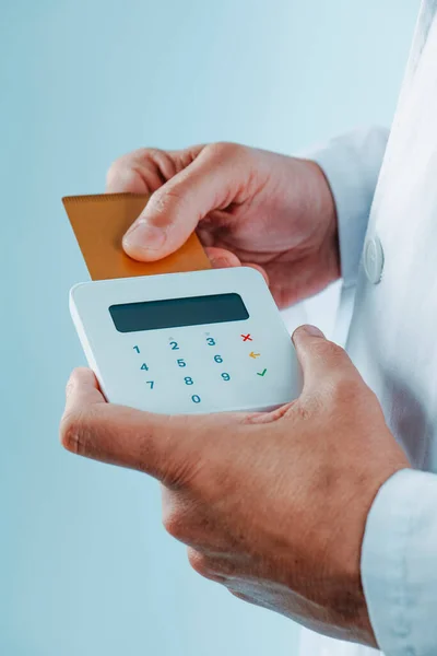 Caucasian Doctor Man Wearing White Coat Inserts Customers Credit Card — Stock Photo, Image