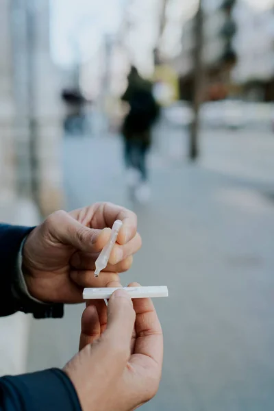 Closeup Young Caucasian Man Street Placing His Own Sample Covid — Stock Photo, Image