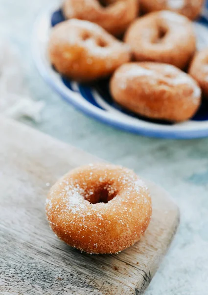 Closeup Rosquilla Typical Spanish Donut Sprinkled Sugar Table Next Ceramic — стоковое фото