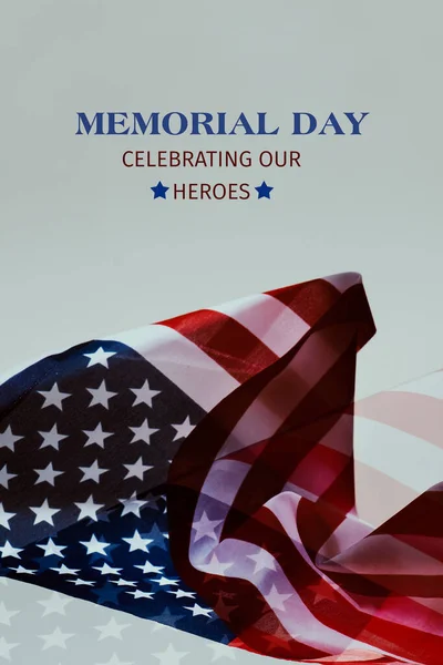 Multiple Exposure American Flag Text Memorial Day Celebrating Our Heroes — Stock Photo, Image