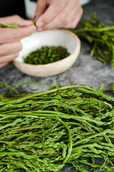 Closeup Pile Fresh Wild Asparagus Stone Surface Young Man Cutting —  Fotos de Stock