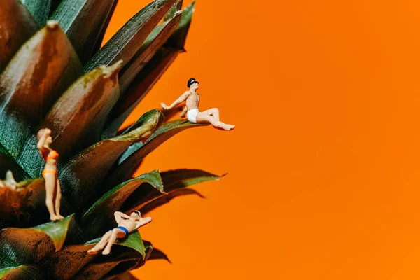 Closeup Some Miniature People Swimsuit Leaves Pineapple Orange Background Some — стоковое фото