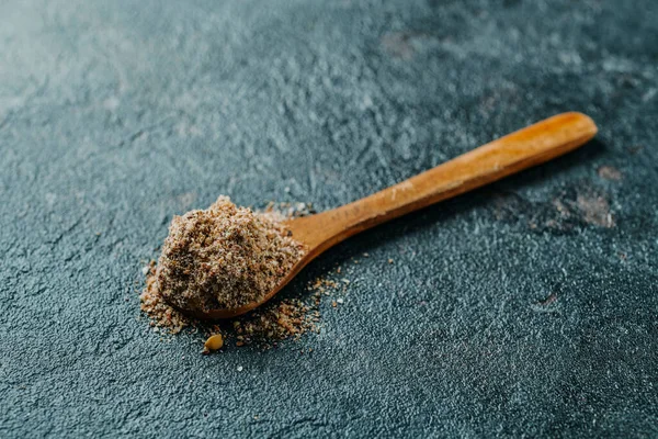 Closeup Wooden Spoon Some Vegan Breakfast Instant Mix Made Acai — Fotografia de Stock