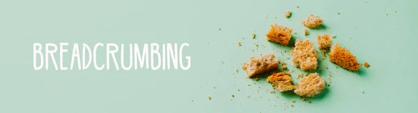 Some Pieces Crumbs Bread Green Background Text Breadcrumbing Panoramic Format — Stockfoto