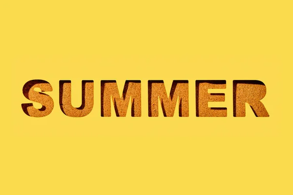 Word Summer Cut Out Yellow Paper Some Sand Background Seen — Stock Photo, Image